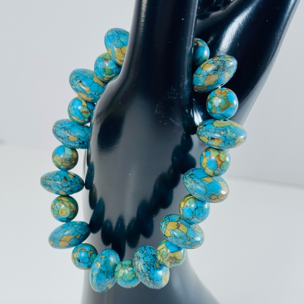 Turquoise Beaded Stretch Bracelet Blue Green Stone Statement Boho Jewelry - Picture 7 of 9